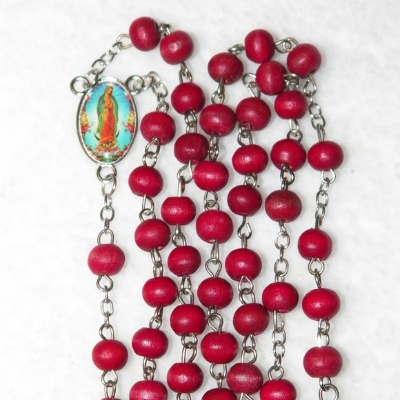 Men's Red Brown Scented Wood Rosary Beads Crucifix Guadalupe - Picture 5 of 6